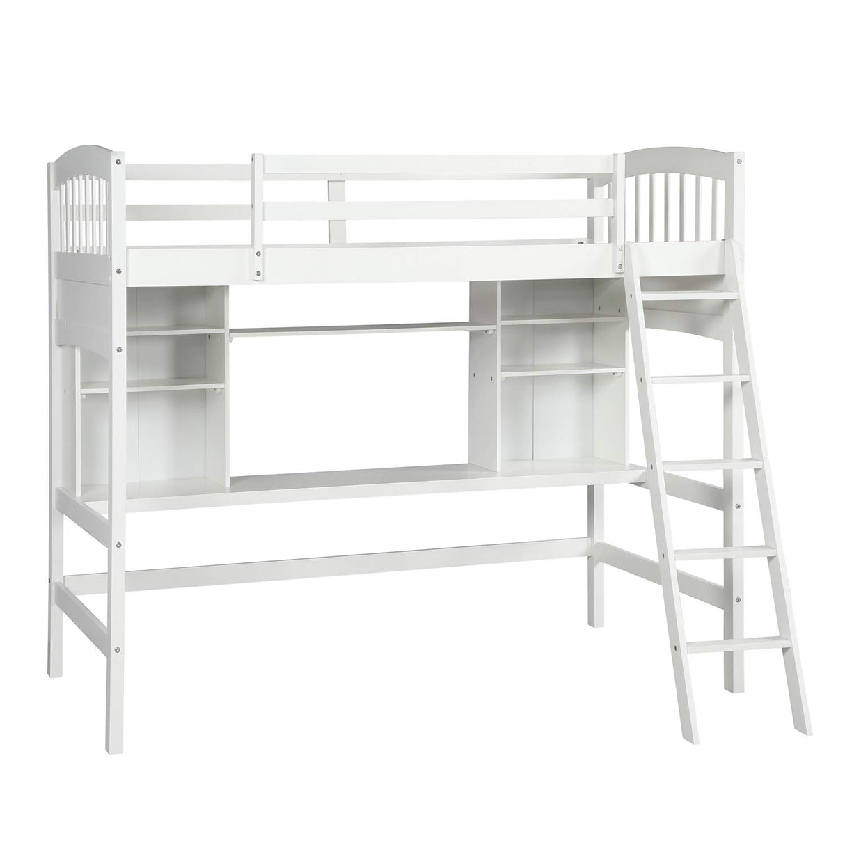 Storage Shelves, Wood Twin Loft Bed Frame with Guardrails and Angled Ladder for Kids