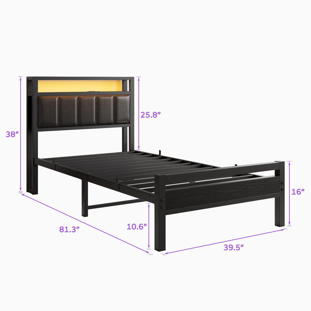 Twin Bed Frame with Charging Station & LED Lights
