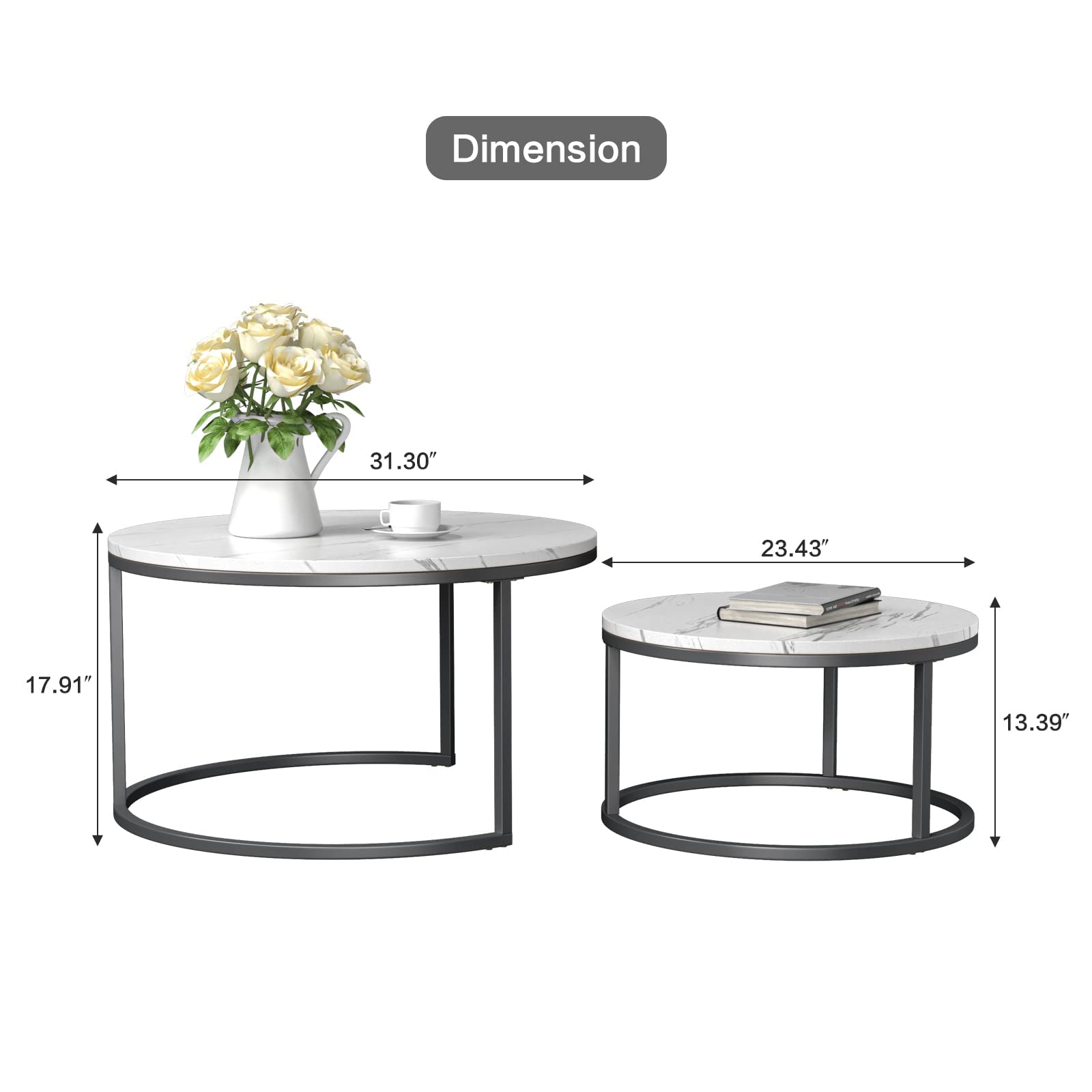Round Nesting Coffee Table, Set of 2 Modern Coffee Table with Faux Marble Top