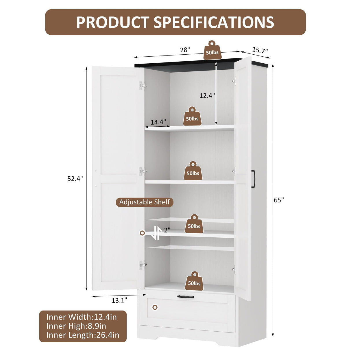 Kitchen Pantry Storage Cabinet with Barn Doors, Drawer and Adjustable Shelves, 4-Tier