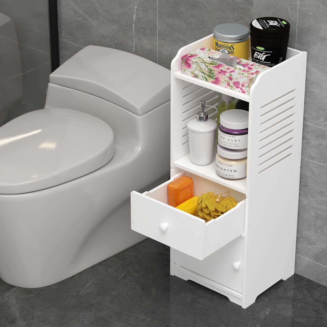 Storage Cabinet, Small Floor Bathroom Organizer Free Standing, Side Toilet Cabinet with Drawer and Door,