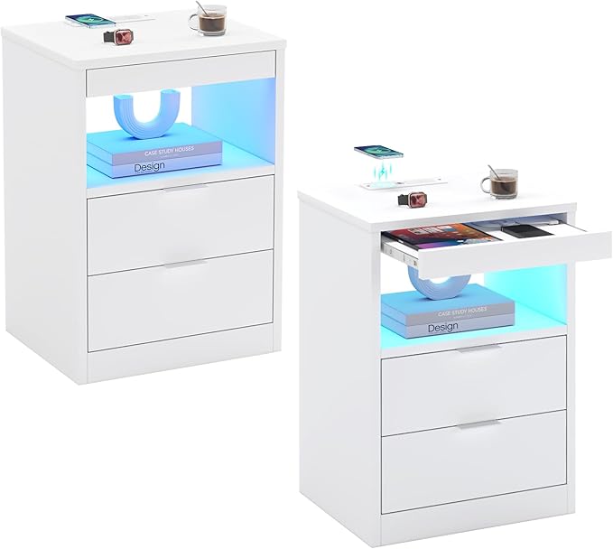 ED Nightstand White Nightstand with Wireless Charging Station 2 Drawers