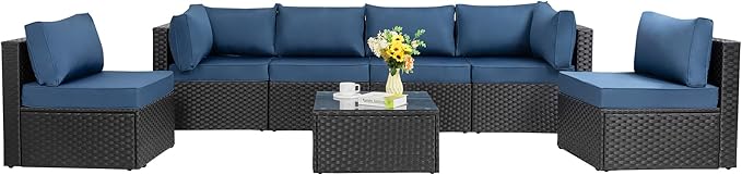 7 Pieces Outdoor Patio Sectional Sofa Couch, Black Wicker Furniture Conversation Sets