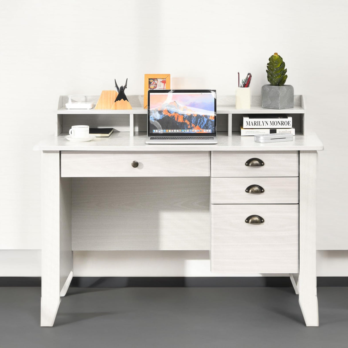 Computer Desk with 4 Storage Drawers and Hutch Wood Executive Table for PC Laptop