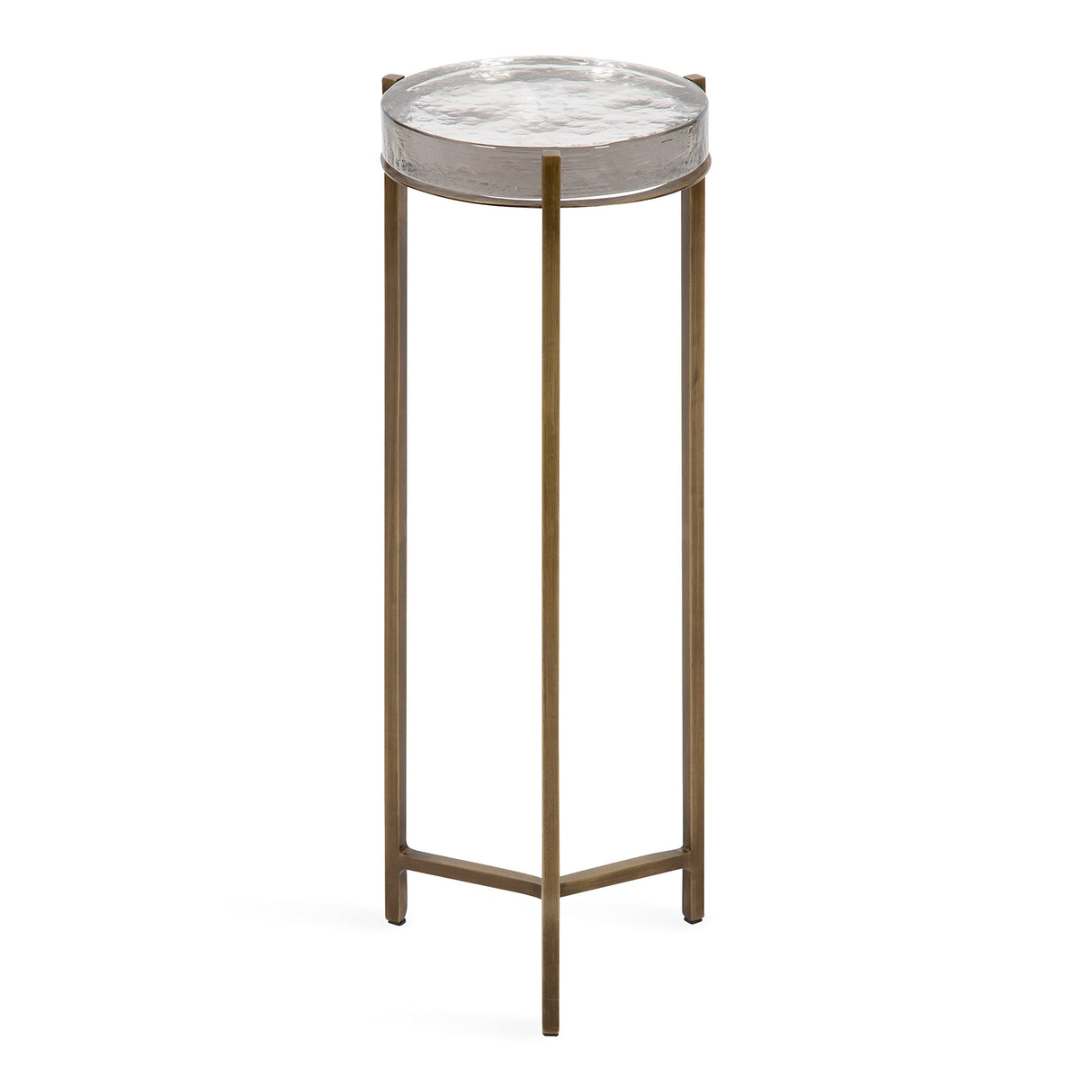 Aguilar Modern Drink Table, 9 x 9 x 23, Brass with Clear Glass, Detailed Glass Accent Table