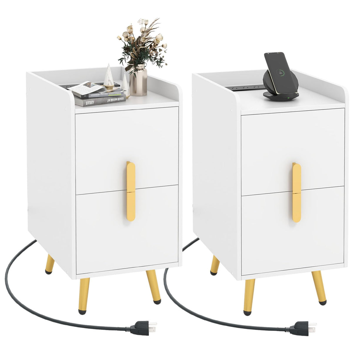 Nightstand with Charging Station, Narrow End Table with 2 Drawers & Metal