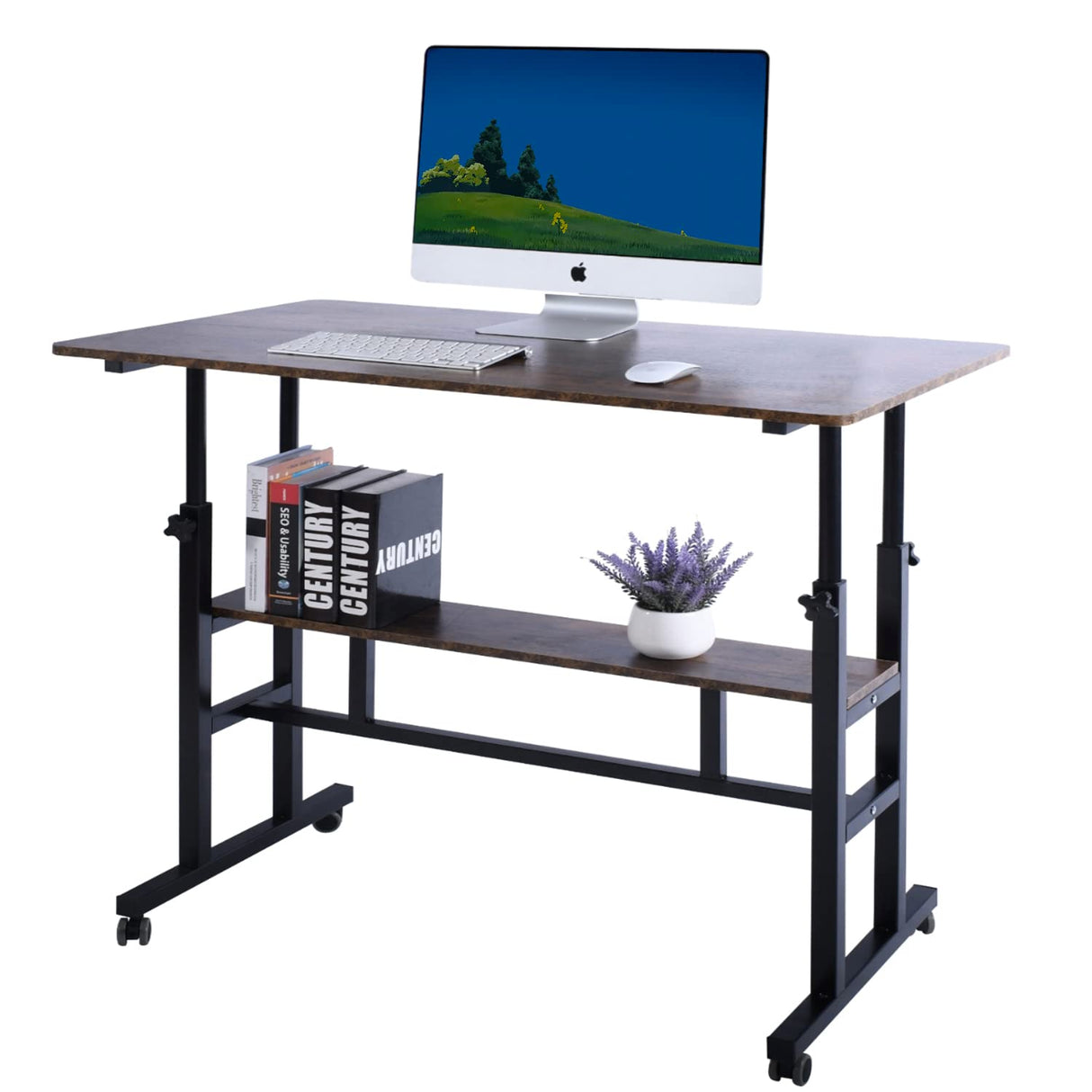 Adjustable Computer Desk with Double-Layer, Rustic