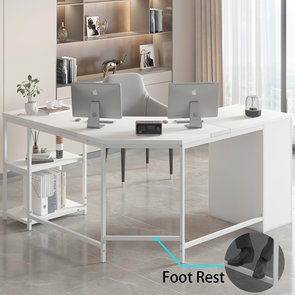 White L Shaped Corner Desk with Drawers, Reversible Modern L-Shaped Computer