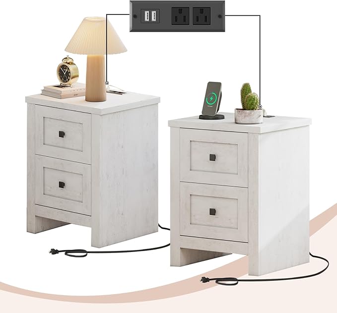 Nightstand Set of 2 with Charging Station, Farmhouse End Table with 2 Drawers Storage