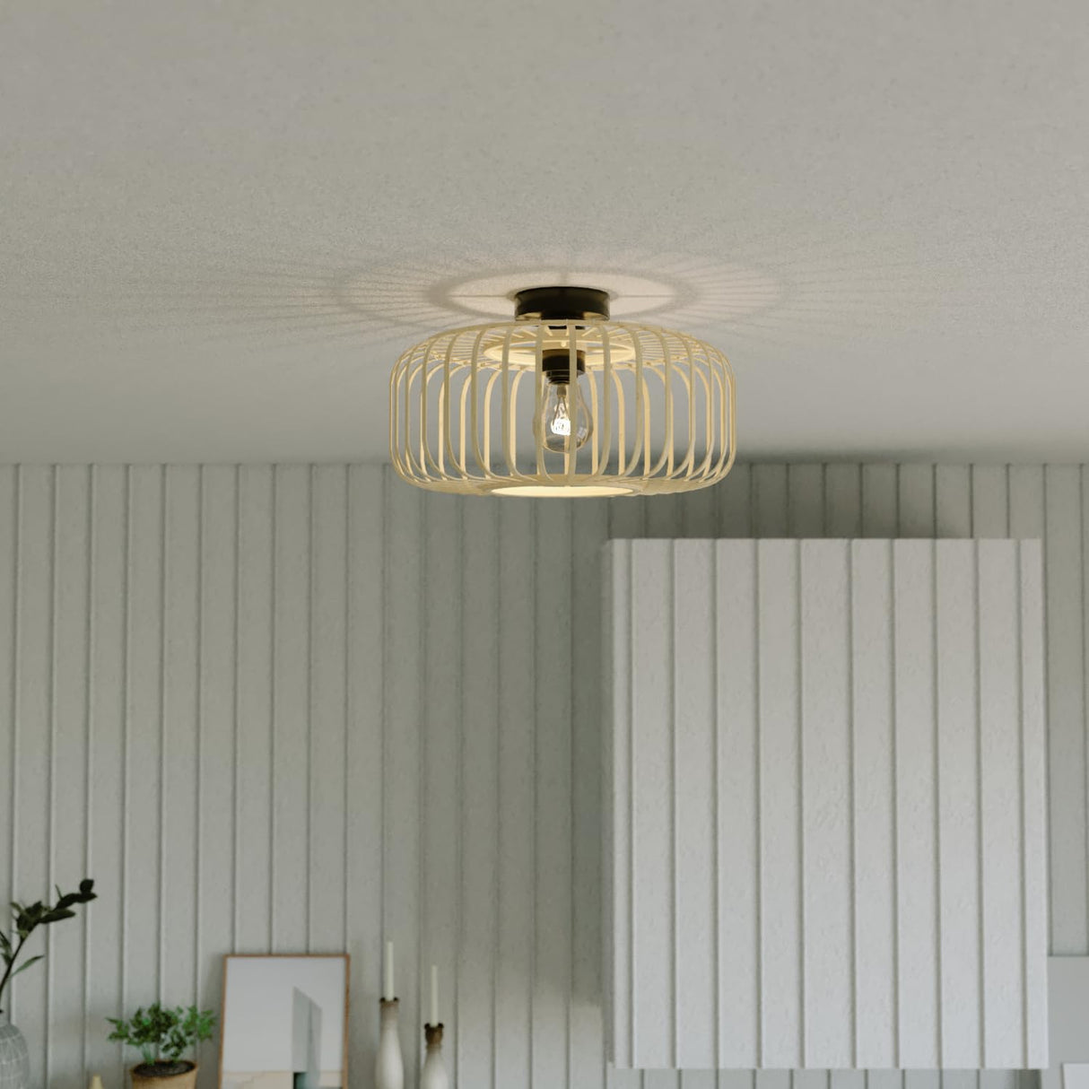 Rattan Flush Mount Light Fixture, 16 Inch Large Boho Light Fixtures Ceiling