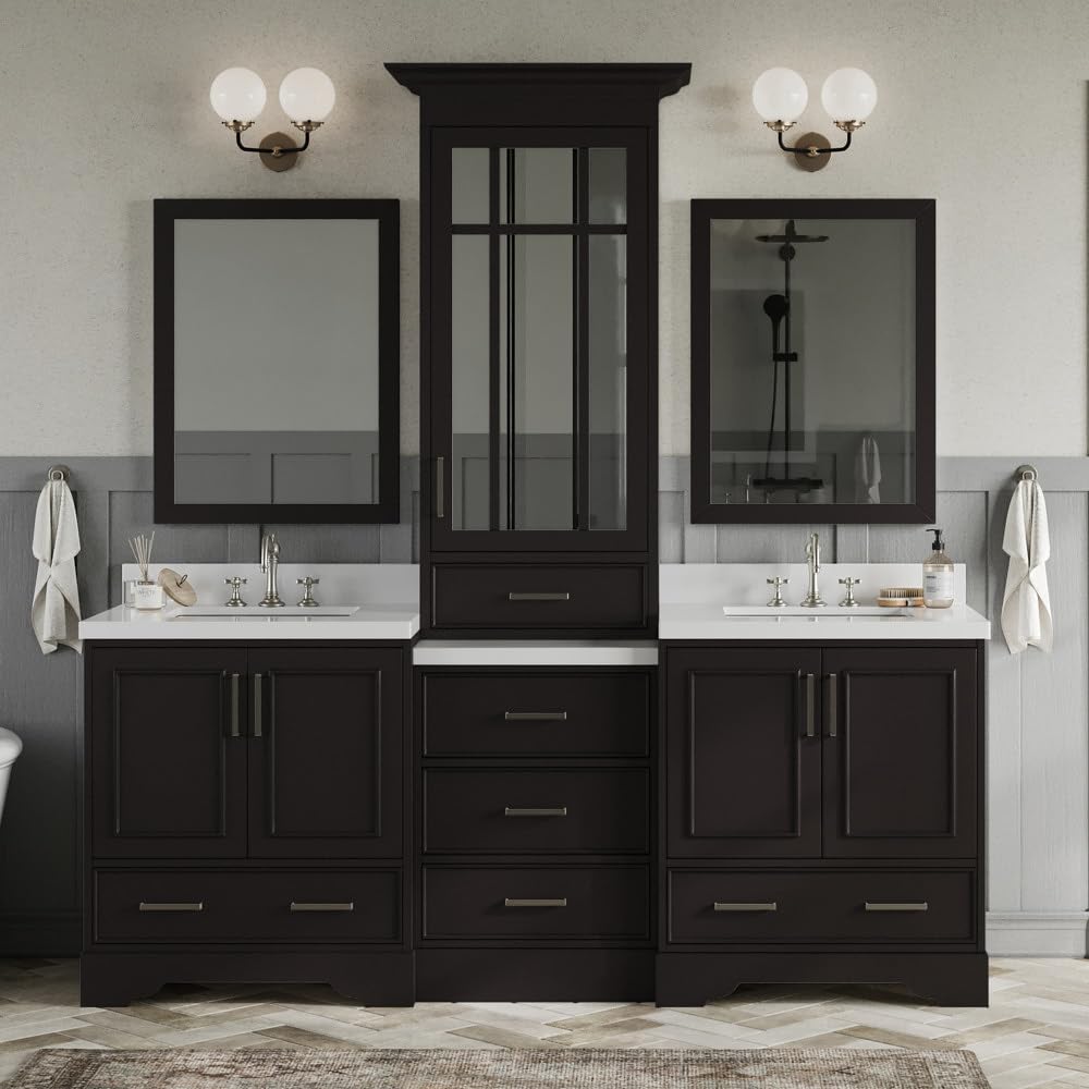 85" Espresso Double Vanity with 1.5" Edge Pure White Quartz Countertop & Backsplash