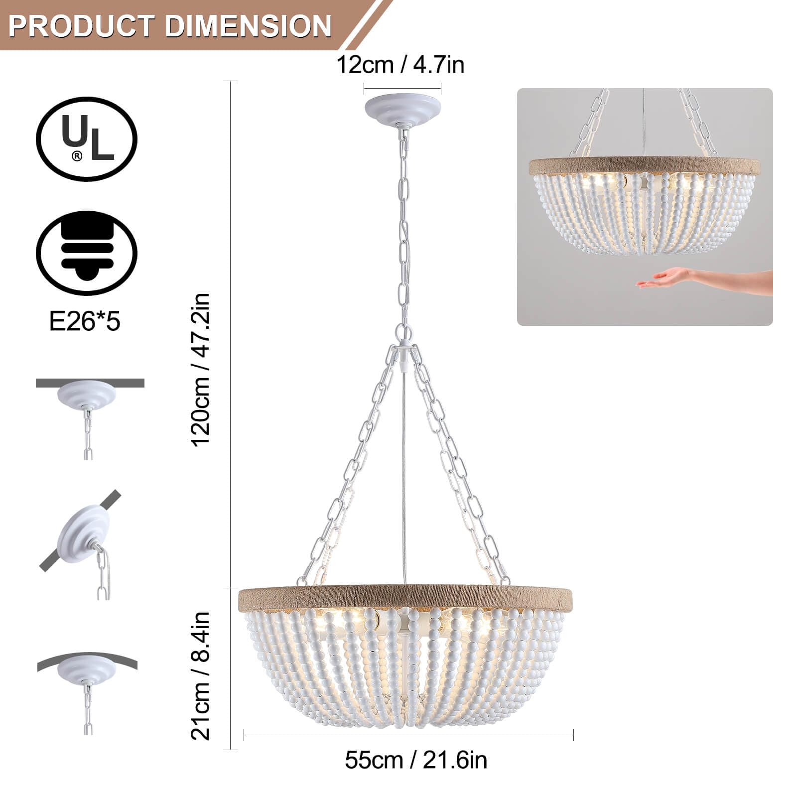 5 Lights White Bohemia Wood Beaded Chandelier, Farmhouse Boho Chandelier Light