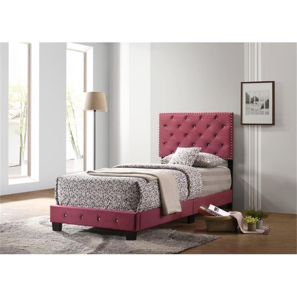 Glory Furniture Suffolk Velvet Upholstered Twin Bed in Cherry