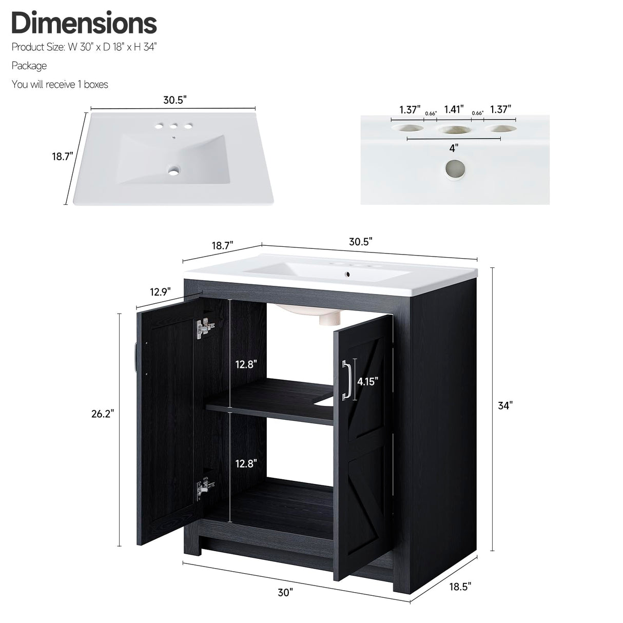 ONBRILL Farmhouse Bathroom Vanity with Sink, Freestanding Bathroom Vanities with Ceramic Basin & Soft-Close Door, Wood Storage Cabinet with Adjustable Shelf for Apartment & Small Space (Black, 30")