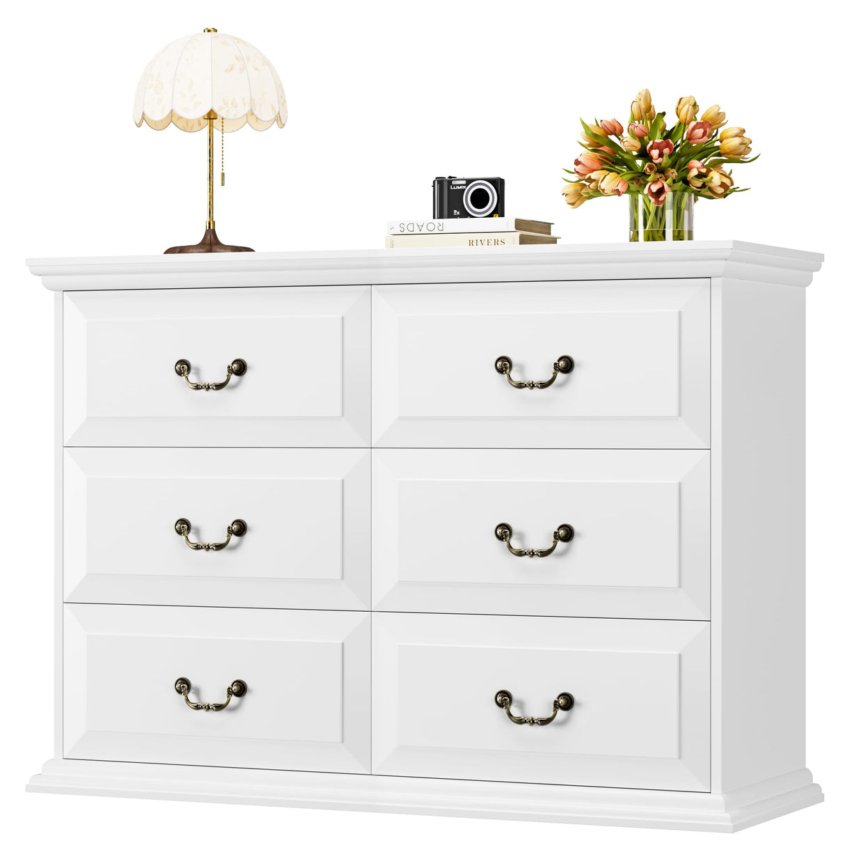 Dresser for Bedroom, White Dresser with 6 Drawers, Rustic 6 Drawer Dresser