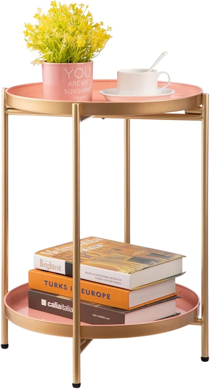 2-Tier Round Side Table, Outdoor Small Folding Accent Stand with Removable Tray