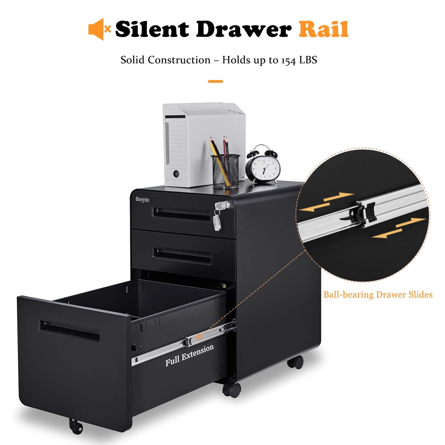 23.8" H 3 Drawer Rolling File Cabinet with Lock, Mobile File Cabinet Under Desk with Pencil Tray,