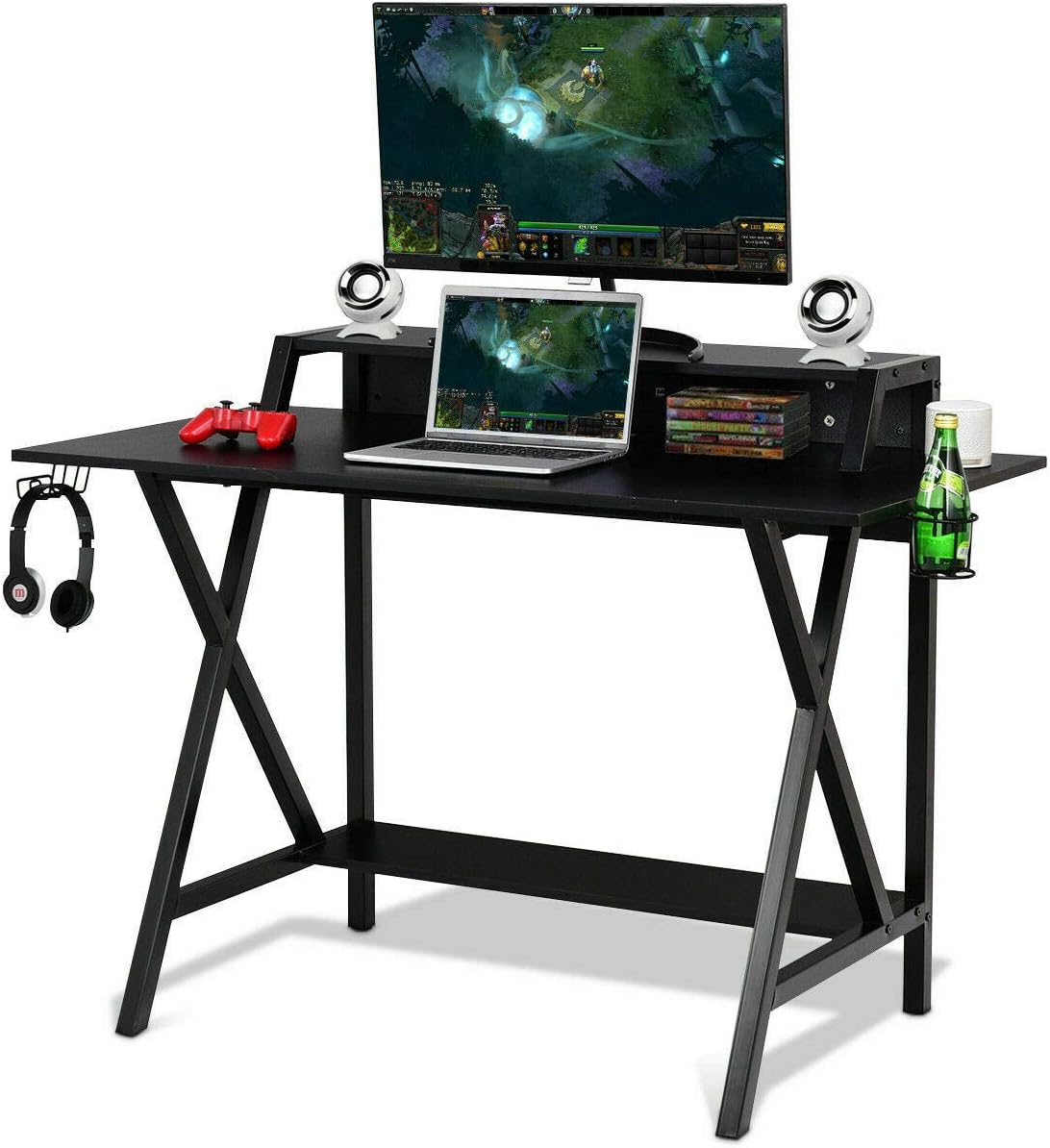 Gaming Computer Desk with Monitor Shelf, Gaming Table Workstation with Cup Holder Headphone Holder
