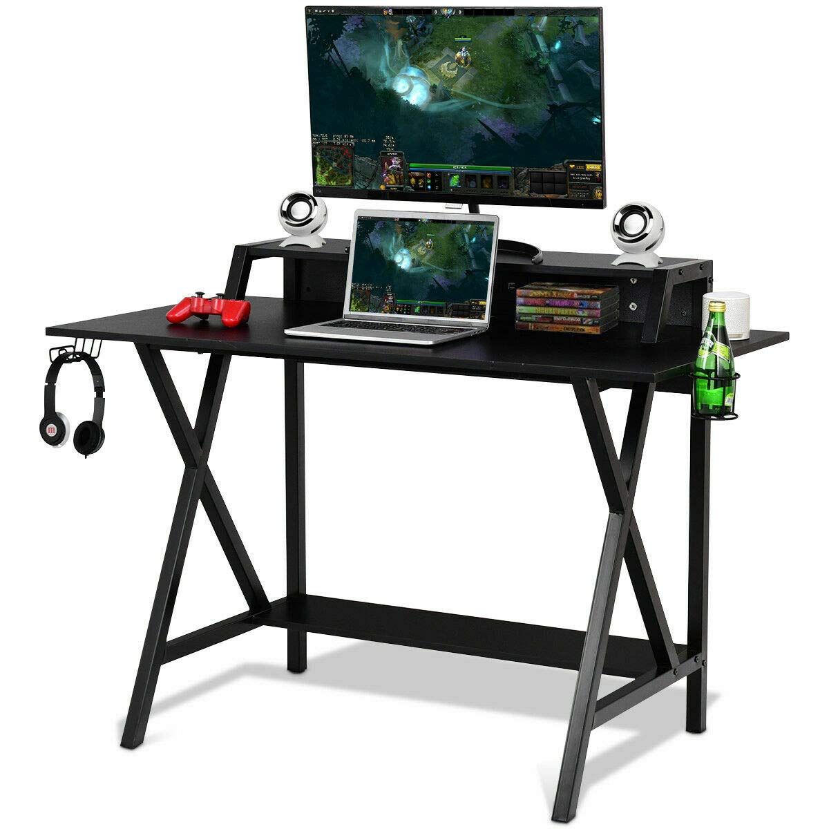 Gaming Computer Desk with Monitor Shelf, Gaming Table Workstation with Cup Holder Headphone Holder