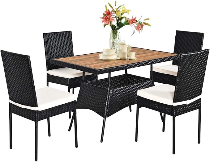 5 Piece Patio Wicker Dining Set, Outdoor Rattan Table and Chairs
