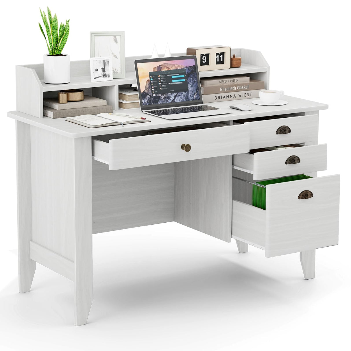Computer Desk with 4 Storage Drawers and Hutch Wood Executive Table for PC Laptop