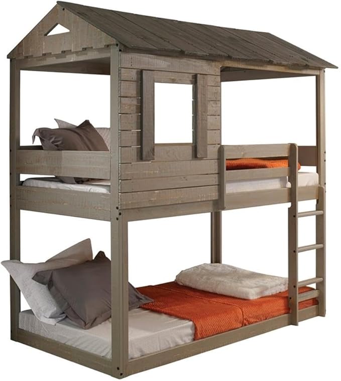 Furniture Darlene Farmhouse Wood Twin Over Twin Bunk Bed in Rustic Gray