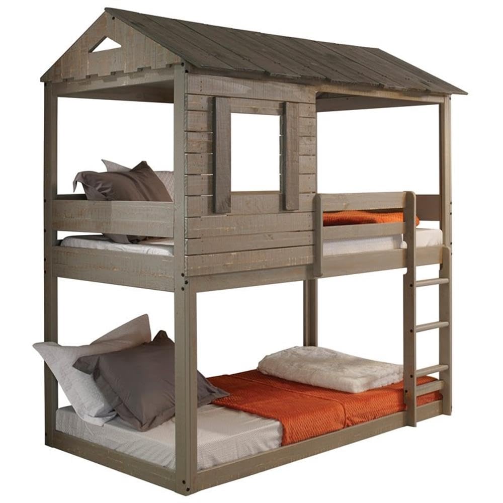 Furniture Darlene Farmhouse Wood Twin Over Twin Bunk Bed in Rustic Gray