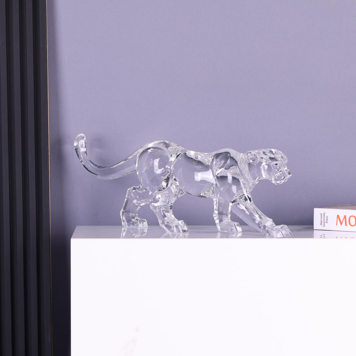 16" L Acrylic Cheetah Statue Crystal Glass Finish, Large Luxury Sculpture and