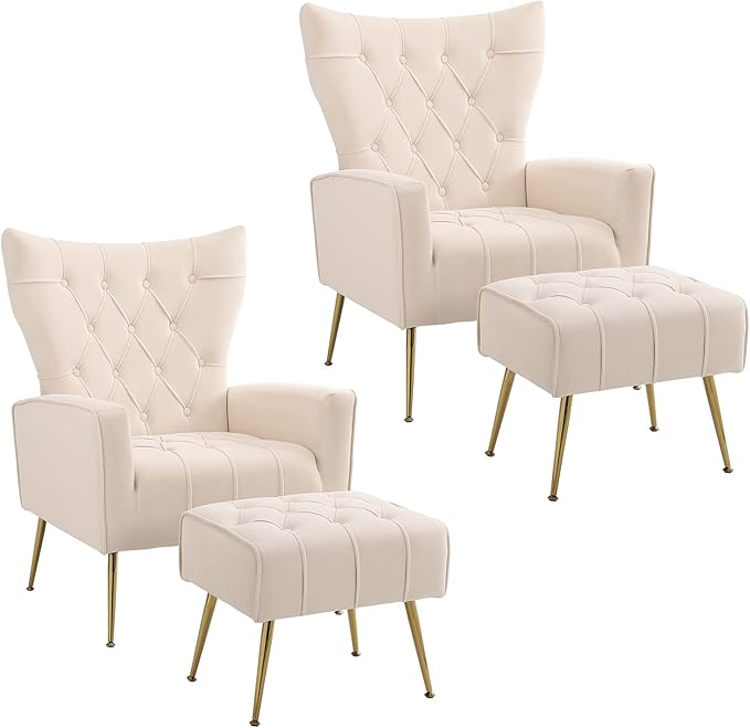 Ottoman Set of 2, Comfy Chair and Ottoman Set, Upholstered Tufted Lounge Chair with Wide Seat Footrest, Reading Armchair for Living Room Bedroom, Beige,Velvet