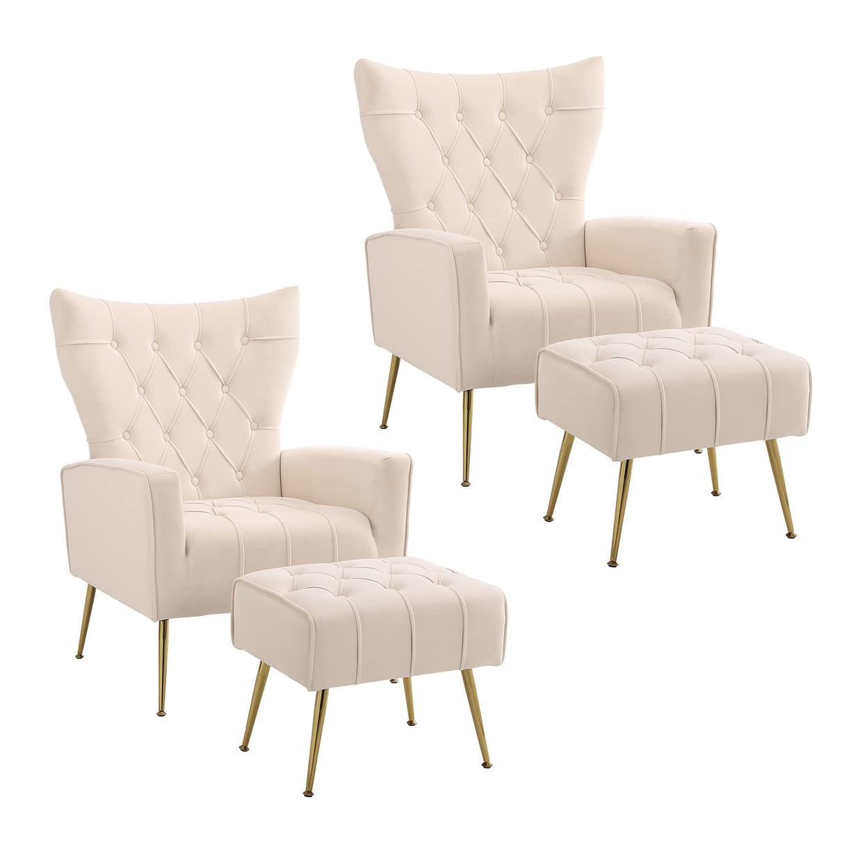 Ottoman Set of 2, Comfy Chair and Ottoman Set, Upholstered Tufted Lounge Chair with Wide Seat Footrest, Reading Armchair for Living Room Bedroom, Beige,Velvet