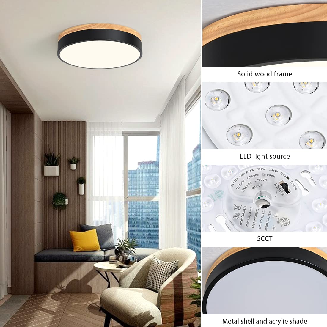 Modern Dimmable Wood LED Close to Ceiling Light, 2700K-6000K 5CCT Round Black