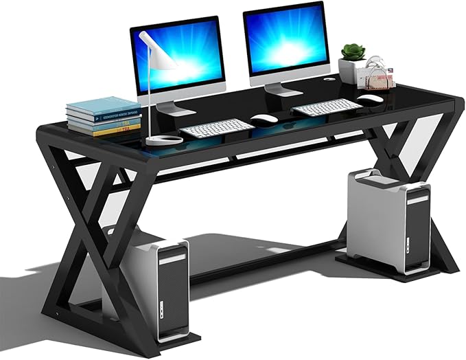 Computer Desk Home Office Desks, 55.1 Inch Modern Simple Office Black Glass