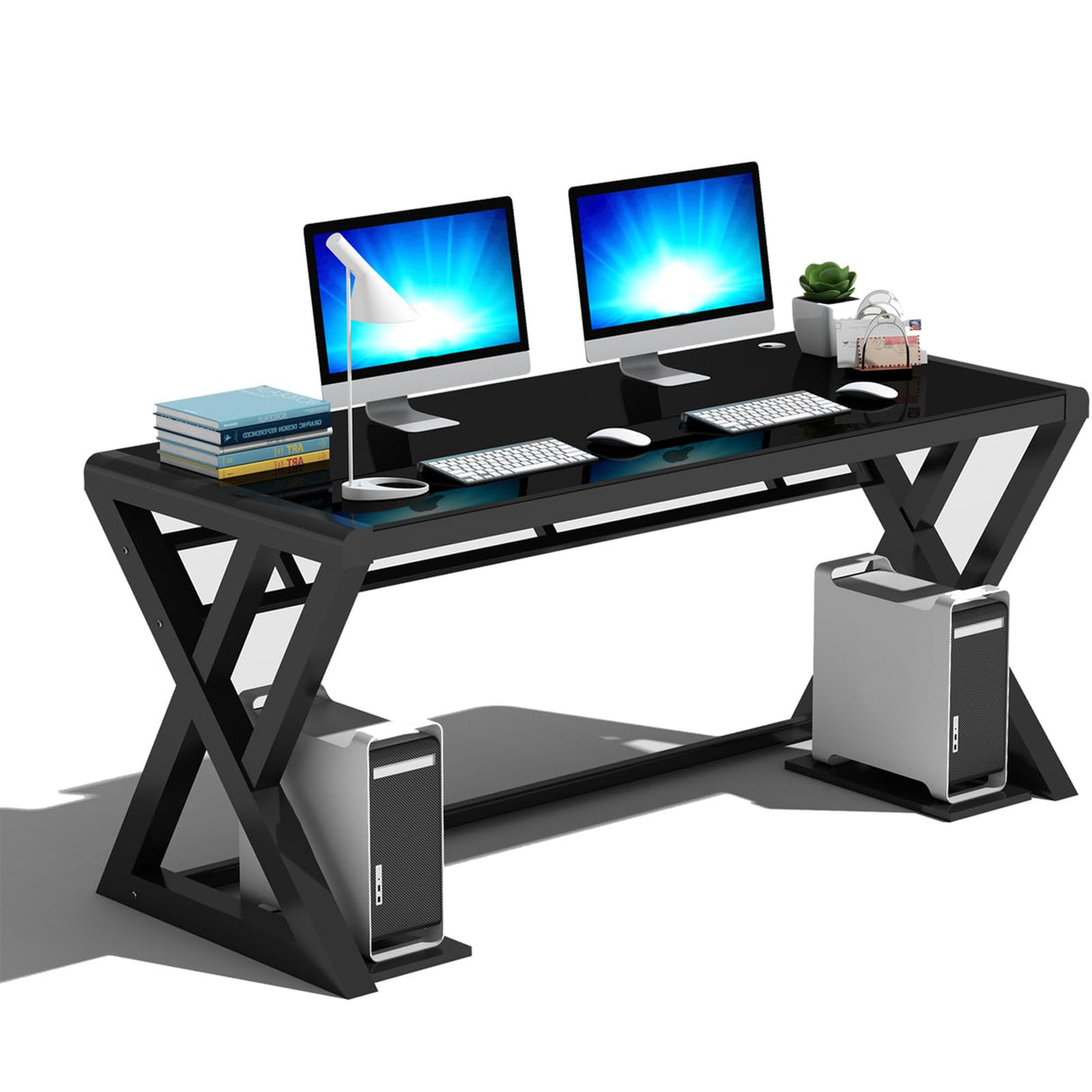 Computer Desk Home Office Desks, 55.1 Inch Modern Simple Office Black Glass