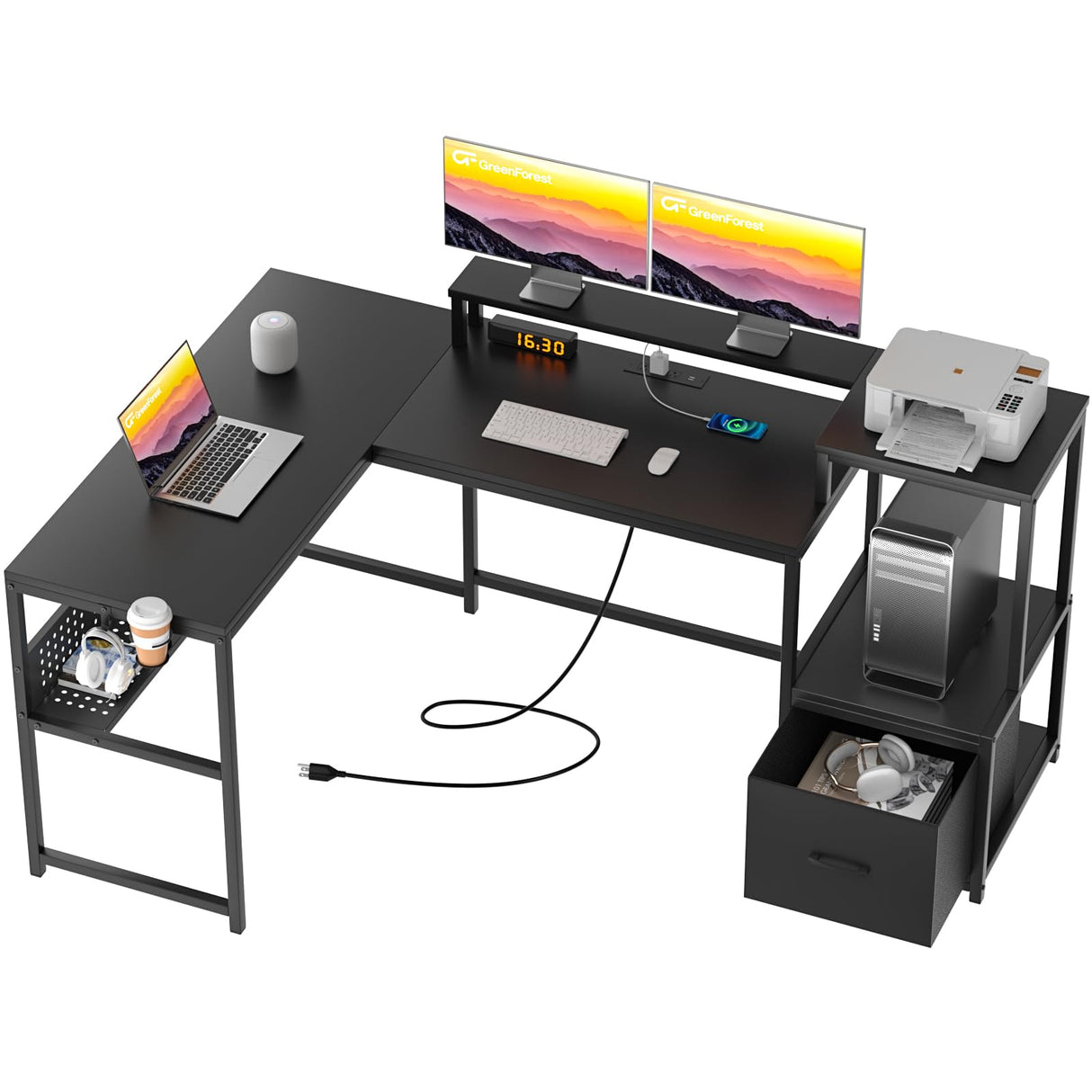 69 inch L Shaped Computer Desk, Corner Desk with Drawers and Power Outlet