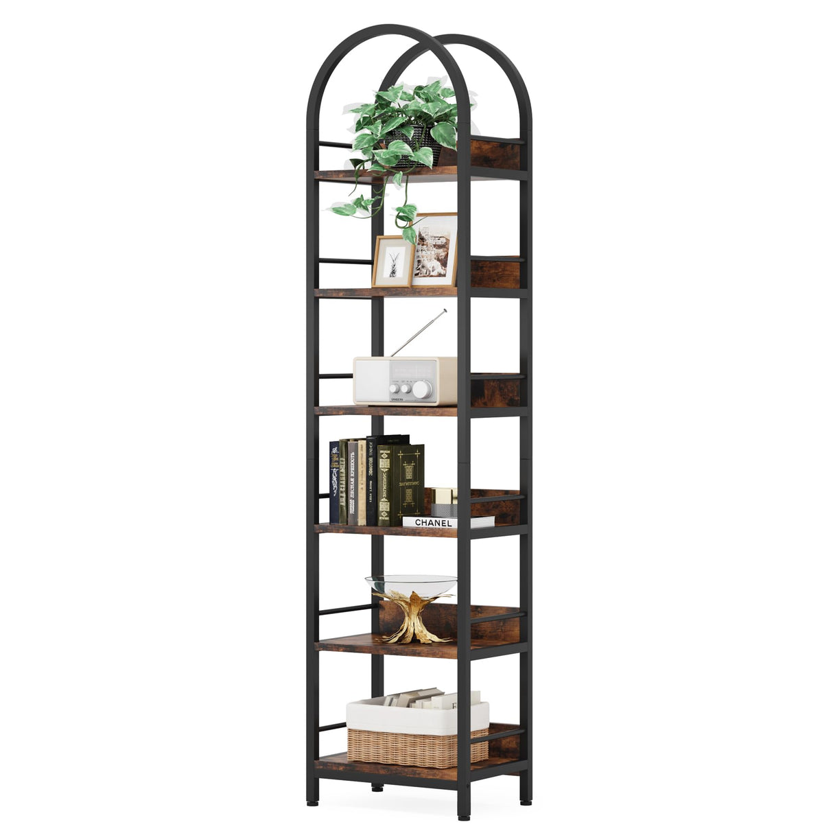 LITTLE TREE 78.7 Inches Tall Arched Bookshelf, 6 Tiers Skinny Open Bookcase with Metal Frame, Freestanding Corner Display Shelves Rack for Living Room, Home Office, Brown