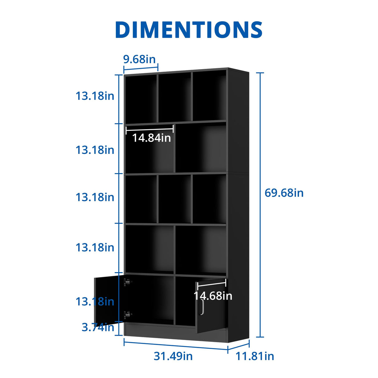 Cozy Castle 70" Tall Black Bookshelf with 12 Cubes and 2 Doors, 4-Tier Open Shelf Bookcase with Cabinet, Modern Cube Storage Organizer for Living Room, and Office