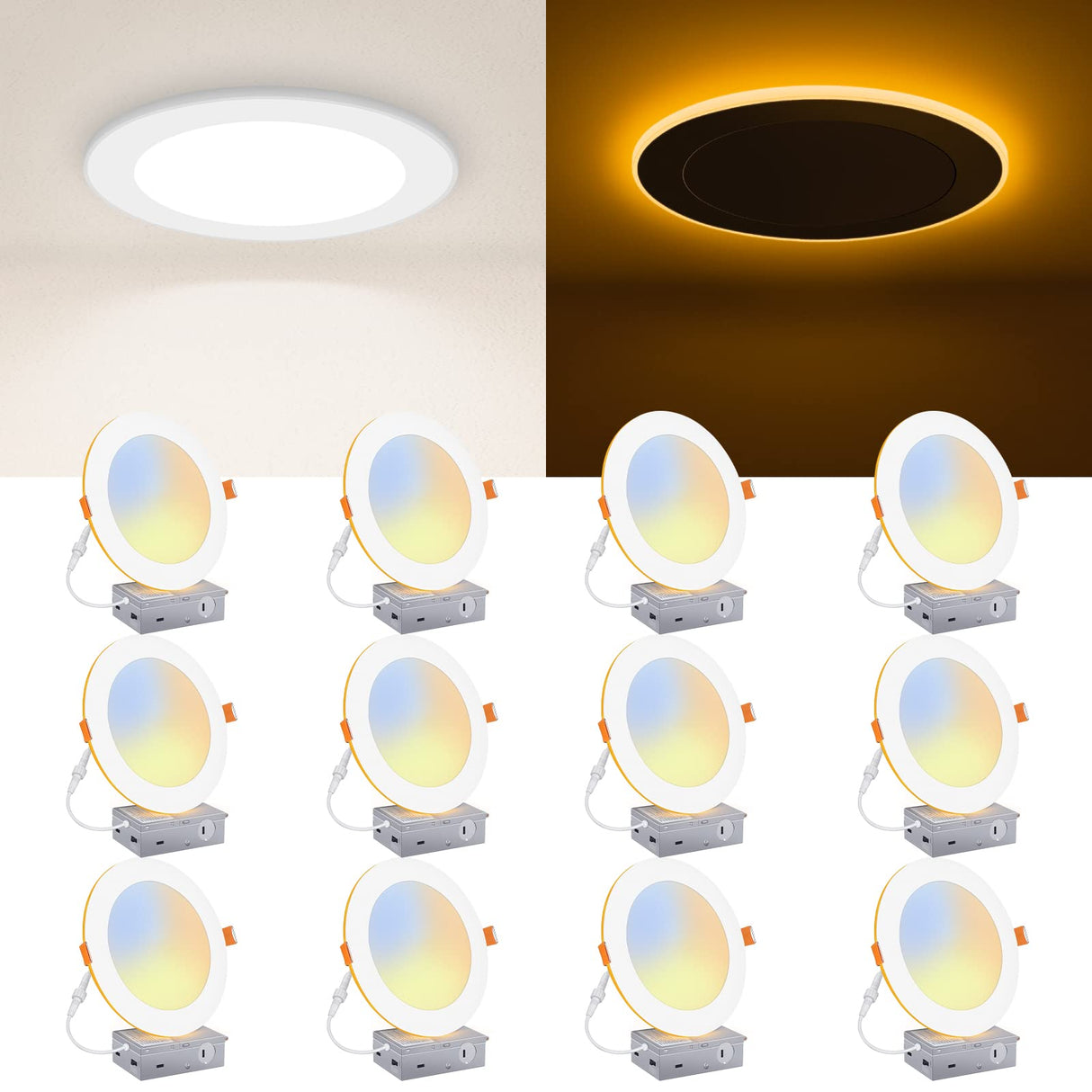 Brightever 12 Packs LED Recessed Ceiling Lights with Night Light, 6 Inch 5CCT Ultra-Thin Recessed Lighting 2700K/3000K/3500K/4000K/5000K Selectable, 12W=110W, 1100LM, Dimmable Canless Wafer Downlight