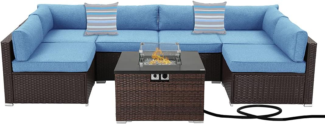 Outdoor 7 Pieces Sectional Sofa w Fire Table, Dark Brown Rattan Patio Furniture w 32-inch