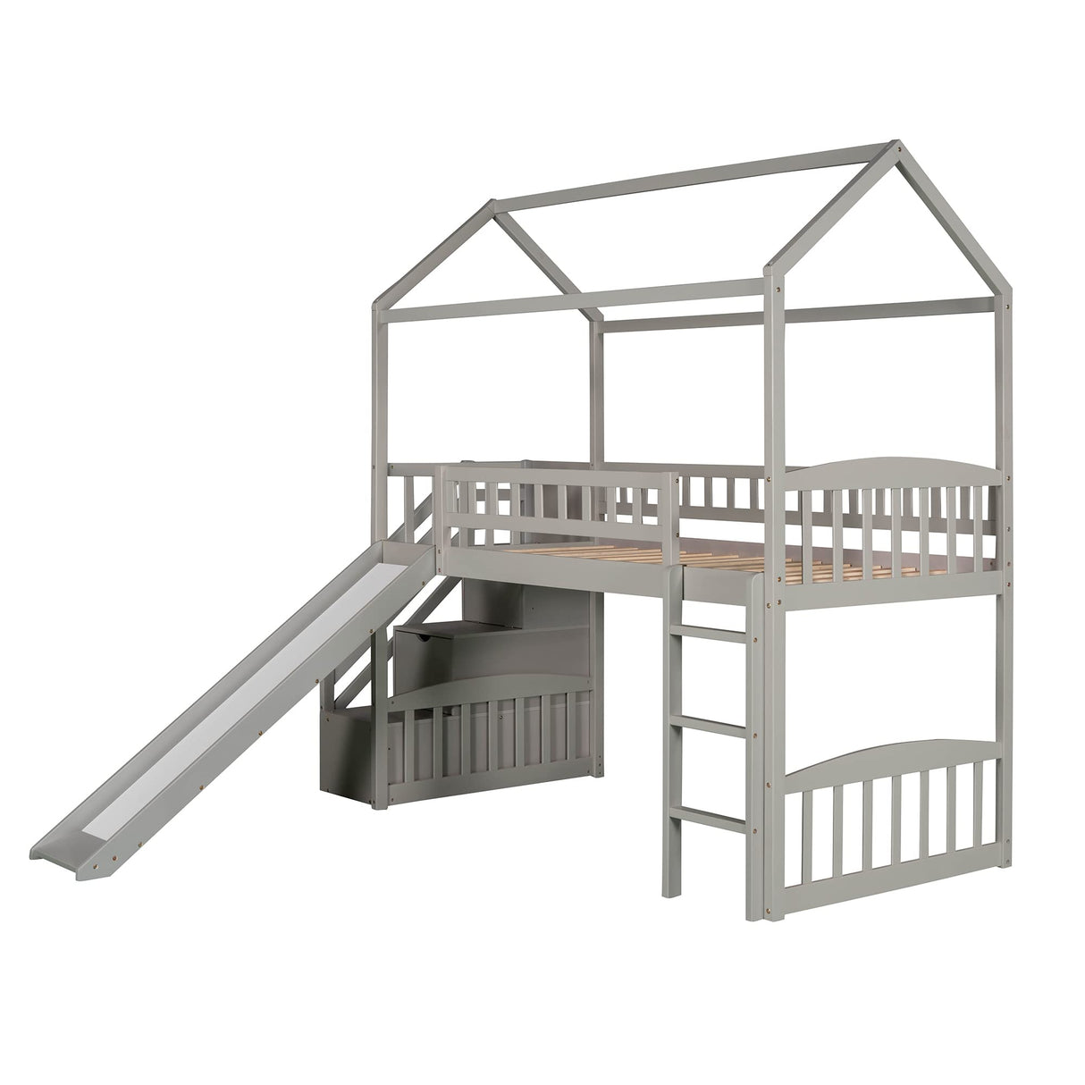 Twin Loft Bed with Stairs and Slide, Wooden House Loft Bed Twin Size