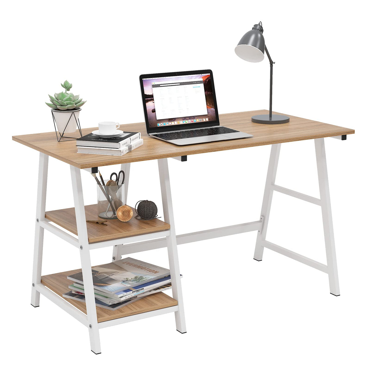 Computer Desk 47inches Trestle Desk PC Desk with Shelf Office Desk Workstation for Home Office