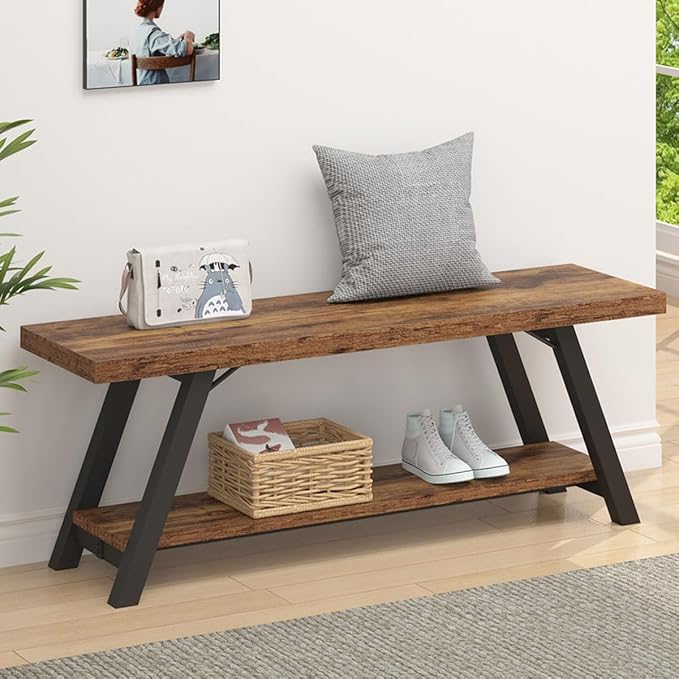 Storage Bench, Industrial Indoor Entryway Bench, Wood Metal Hallway Accent Bench
