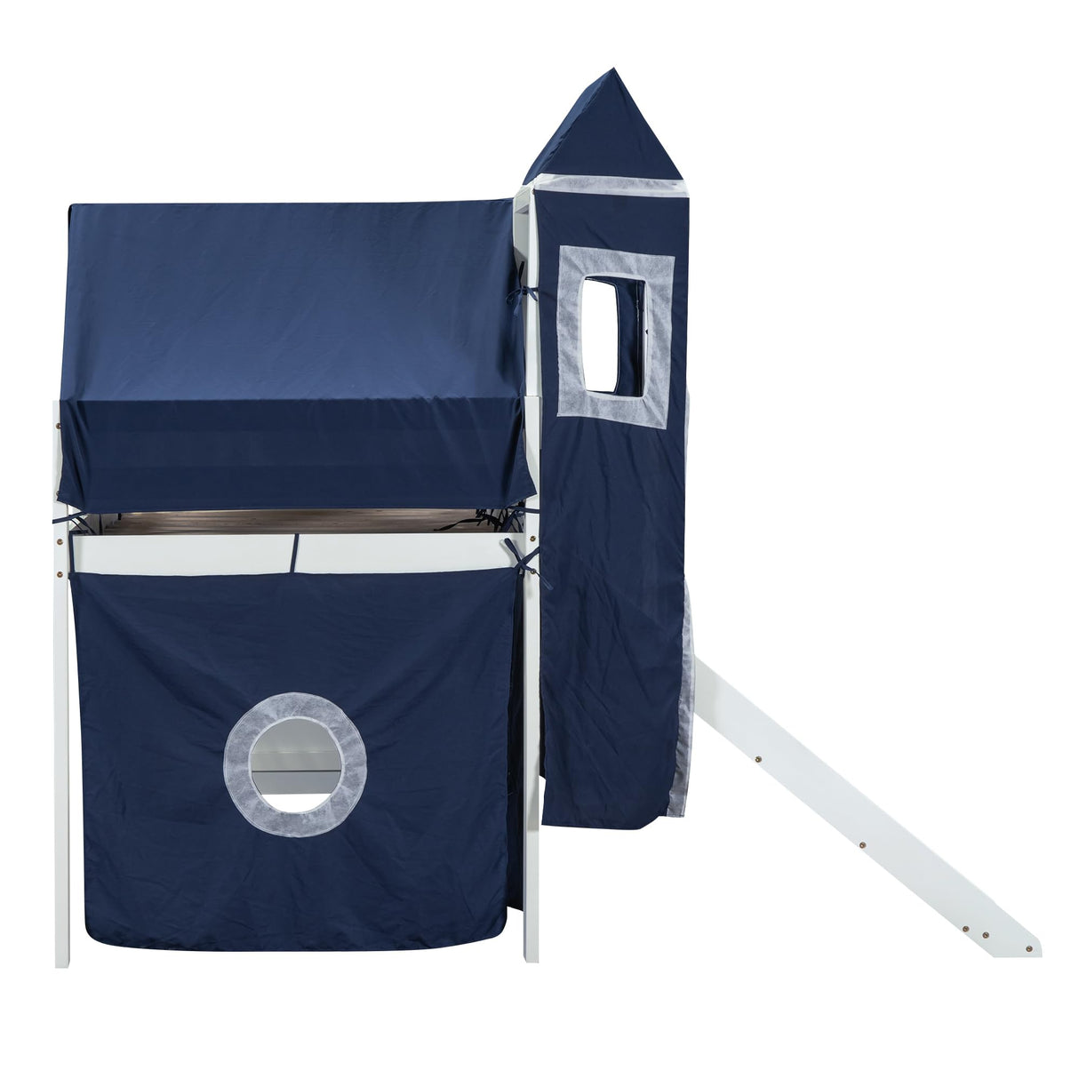 Designs House Loft Bed with Slide and Storage Stairs, Wood Kids Loft Bed with Tent and Tower