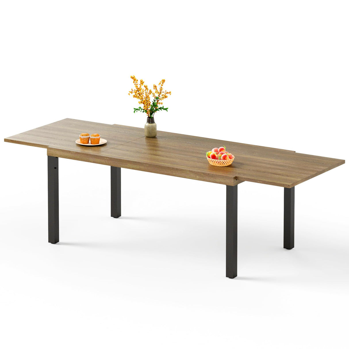 Outdoor Metal Expandable Dining Table, Wood-Like Wrought Iron Extendable