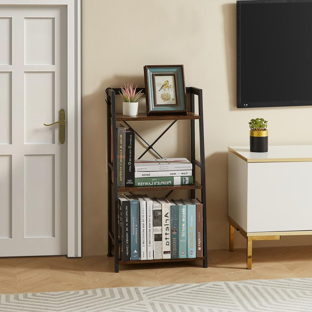 3 Tier Bookshelf, Industrial Bookcase Wood Storage Shelf with Metal Frame for Living Room