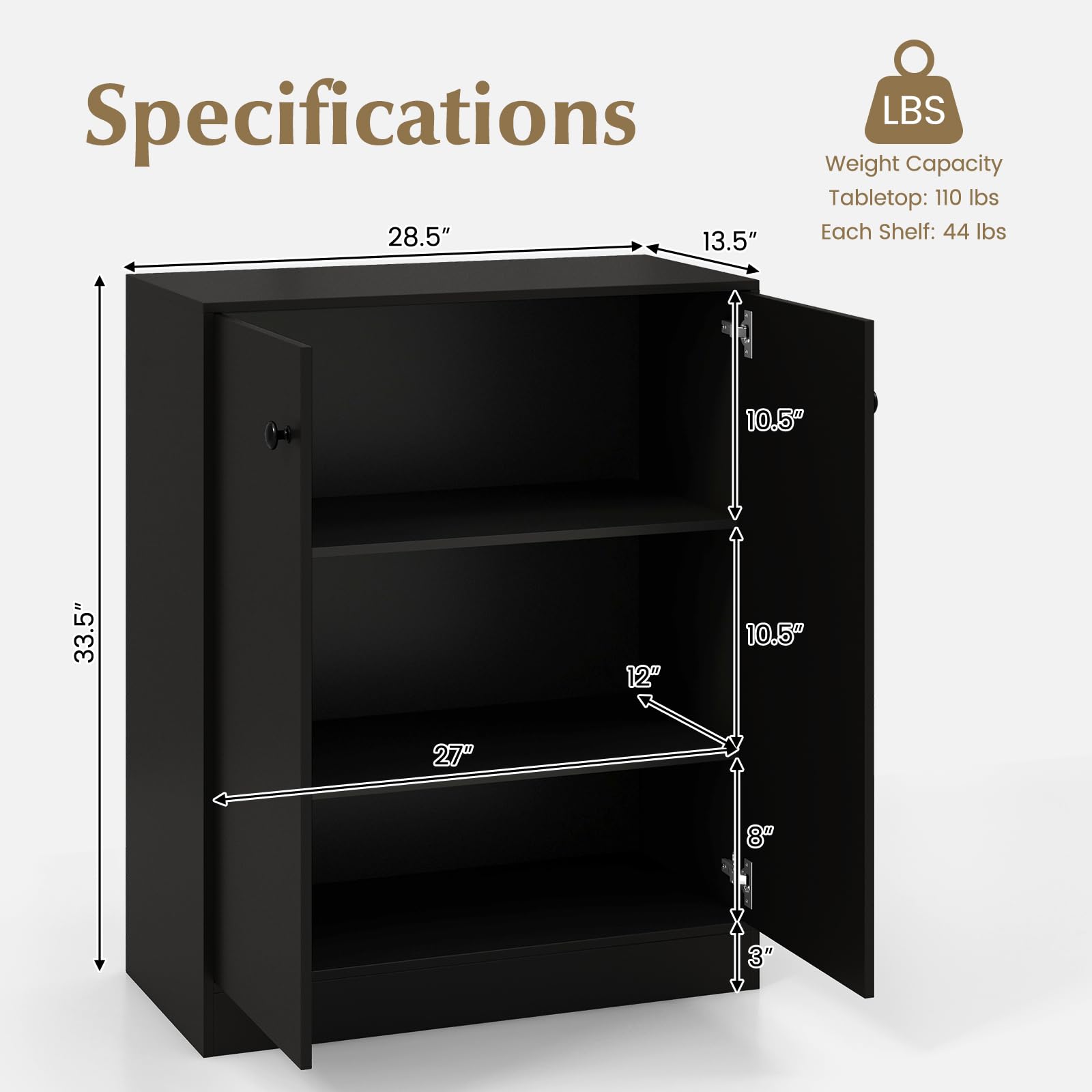 2-Door Storage Cabinet, Modern Floor Cabinet with 3-Tier Shelf