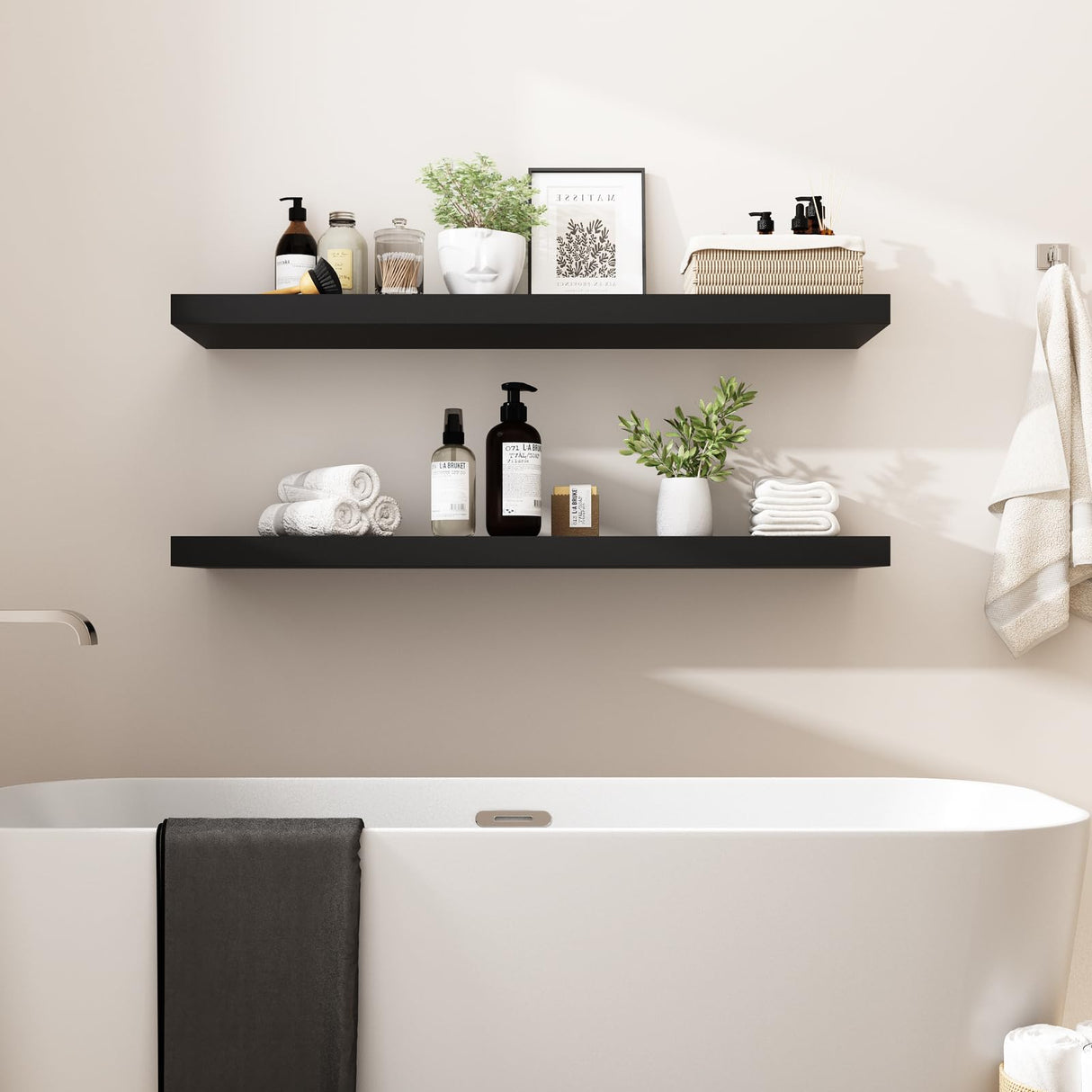 WELLAND 12" Deep Black Floating Shelves, Floating Wall Shelf, 47.24" L x 11.81" D x 2" T, Deeper Than Others, Black