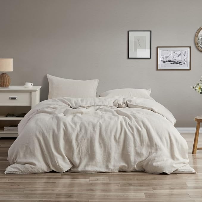 100% Linen Duvet Cover Queen, Stone Washed Natural French Linen 8 Ties Duvet