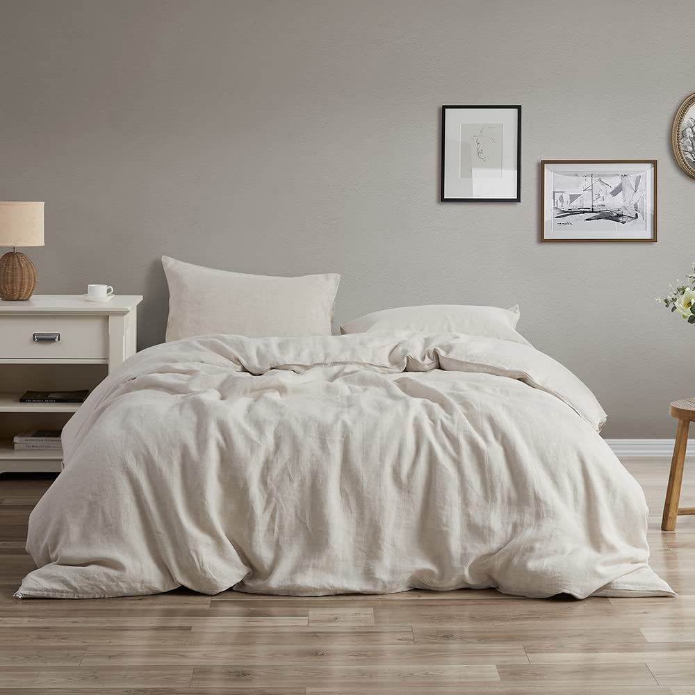 100% Linen Duvet Cover Queen, Stone Washed Natural French Linen 8 Ties Duvet