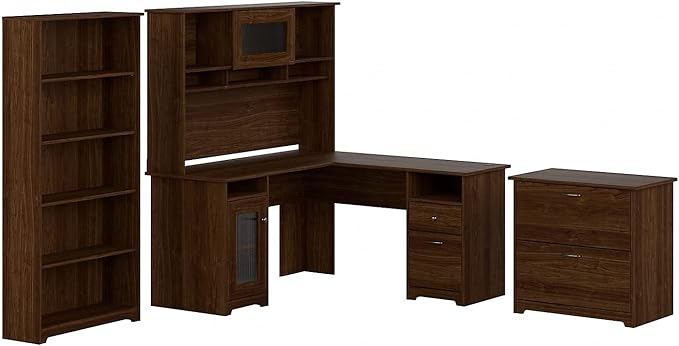 L Shaped Desk with Hutch, 5 Shelf Bookcase and Lateral File Cabinet | Cabot Collection Corner Computer Table with Storage and Bookshelf | 60Wx23DX37W