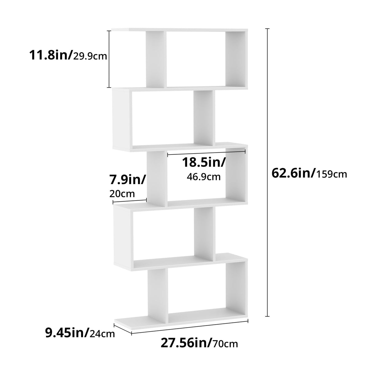 Set of 2 Geometric Bookcase, S-Shaped Modern Bookshelf, Room Divider Bookshelf, 62" Tall Unique Abstract Bookcase with 5-Tier Display Shelf for Living Room Office, White & Black